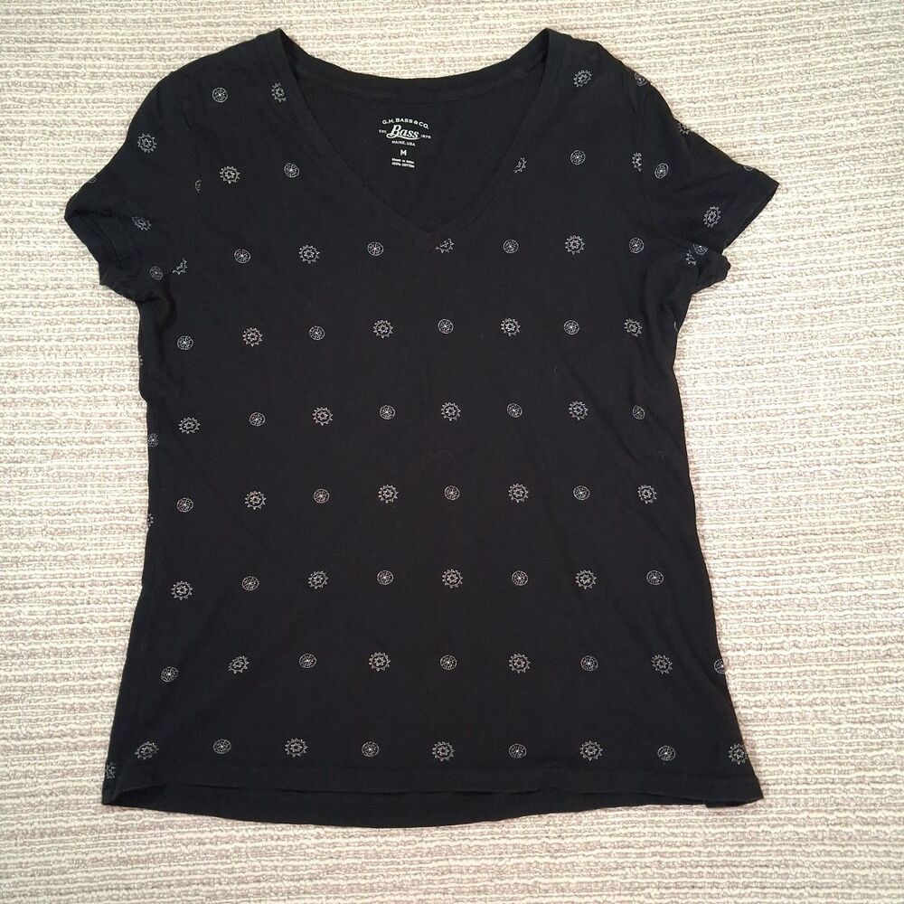 GH Bass Womens M Black Sun Star Celestial V Neck Short Sleeve Cotton T Shirt Tee